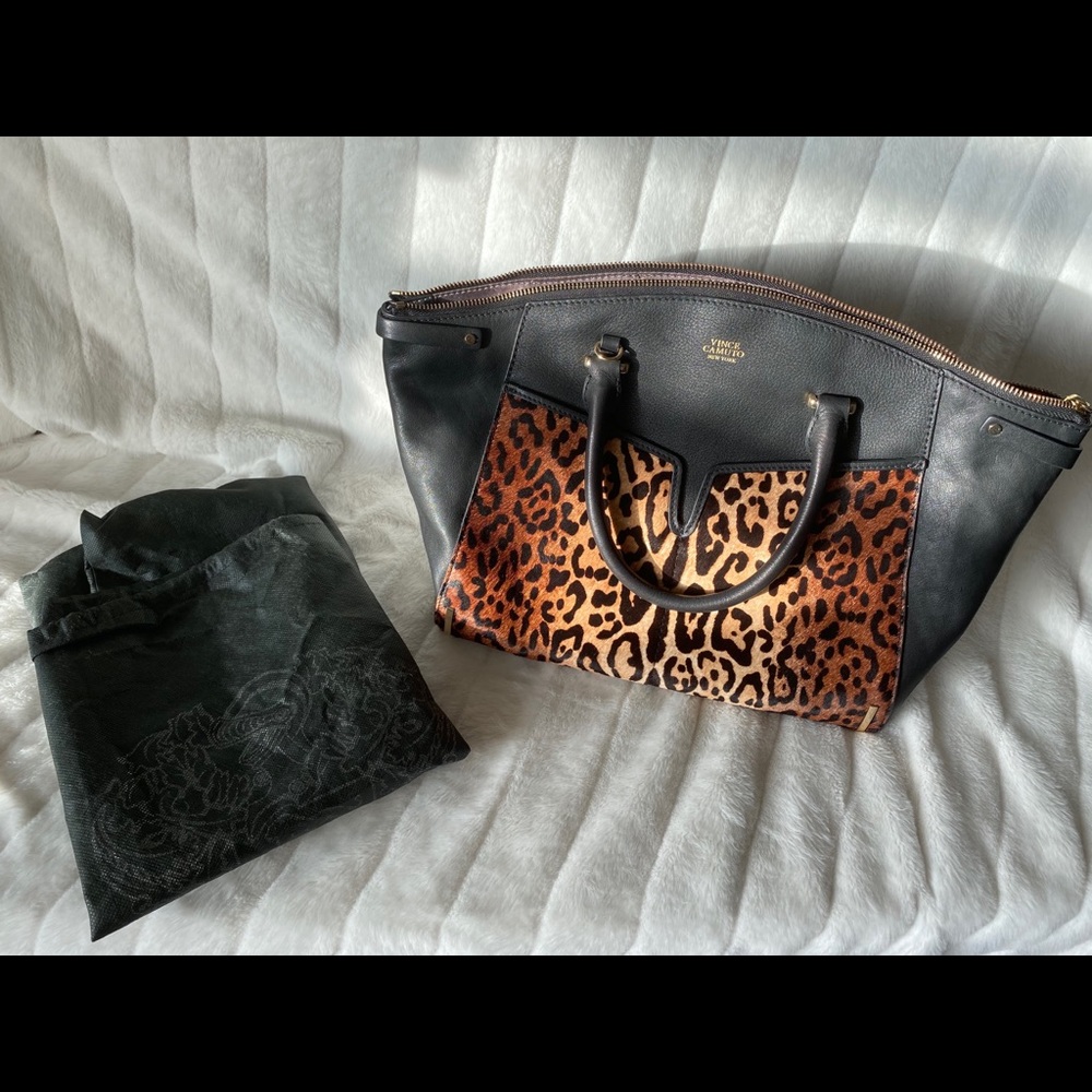Vince Camuto Black Leather Asha Leopard Satchel